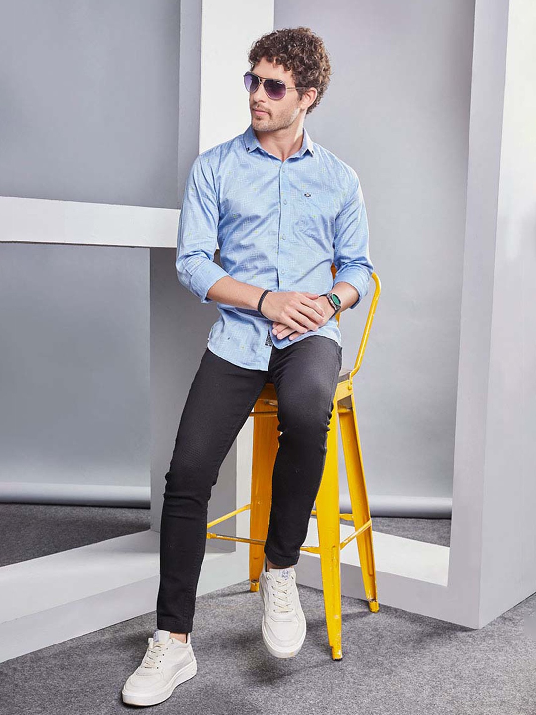 

ALMATY Men Comfort Slim Fit Opaque Printed Party Shirt, Blue