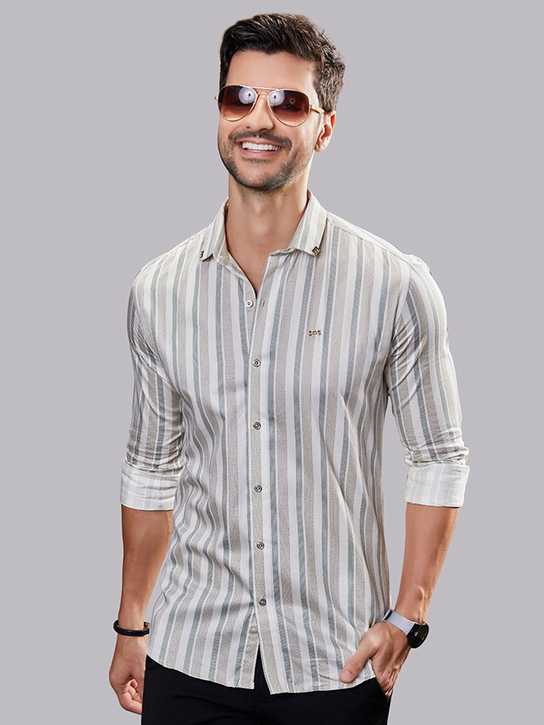 

ALMATY Men Comfort Slim Fit Opaque Striped Party Shirt, Grey