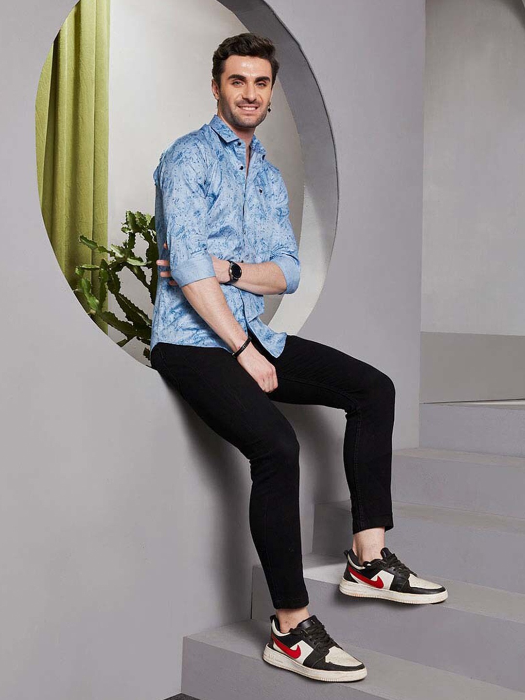 

ALMATY Men Comfort Slim Fit Floral Opaque Printed Party Shirt, Blue