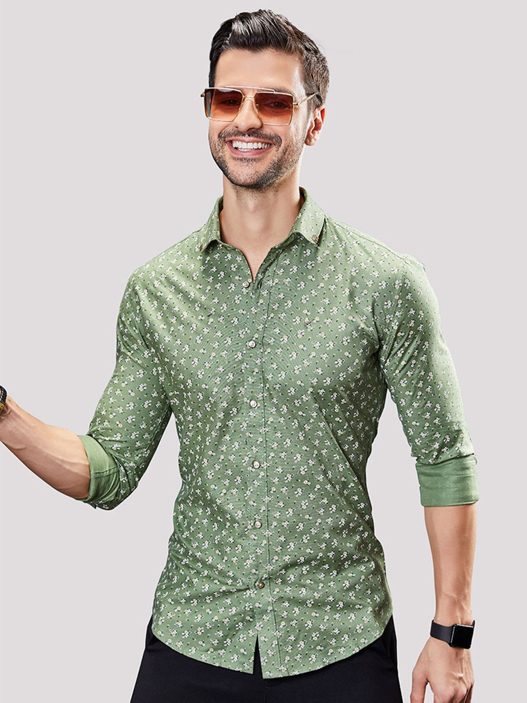 ALMATY Men Comfort Slim Fit Floral Opaque Printed Party Shirt, Green