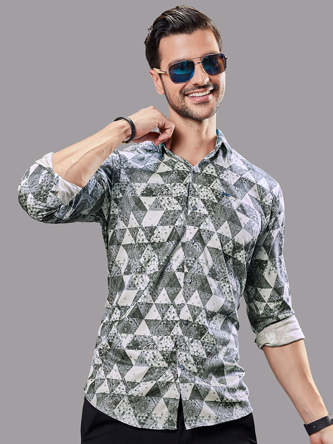 

ALMATY Men Comfort Slim Fit Floral Opaque Printed Party Shirt, Grey