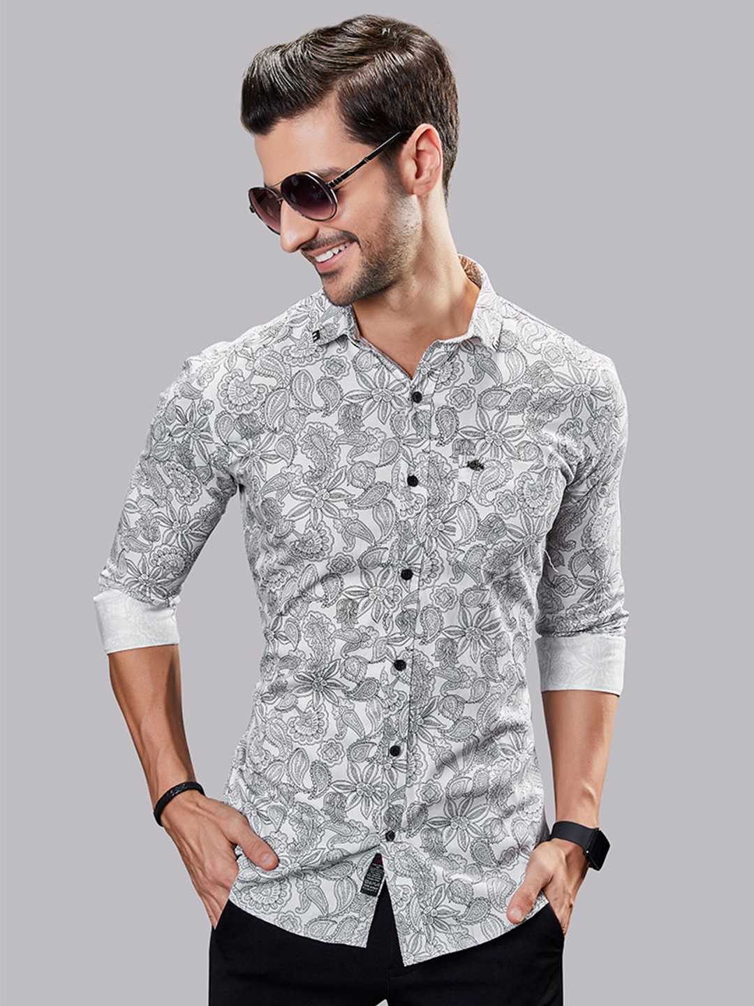 ALMATY Men Comfort Slim Fit Floral Opaque Printed Party Shirt, Grey