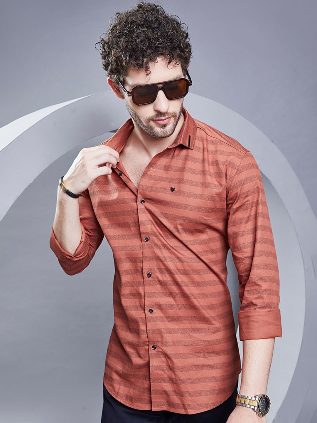 

ALMATY Men Comfort Slim Fit Horizontal Stripes Opaque Striped Party Shirt, Red