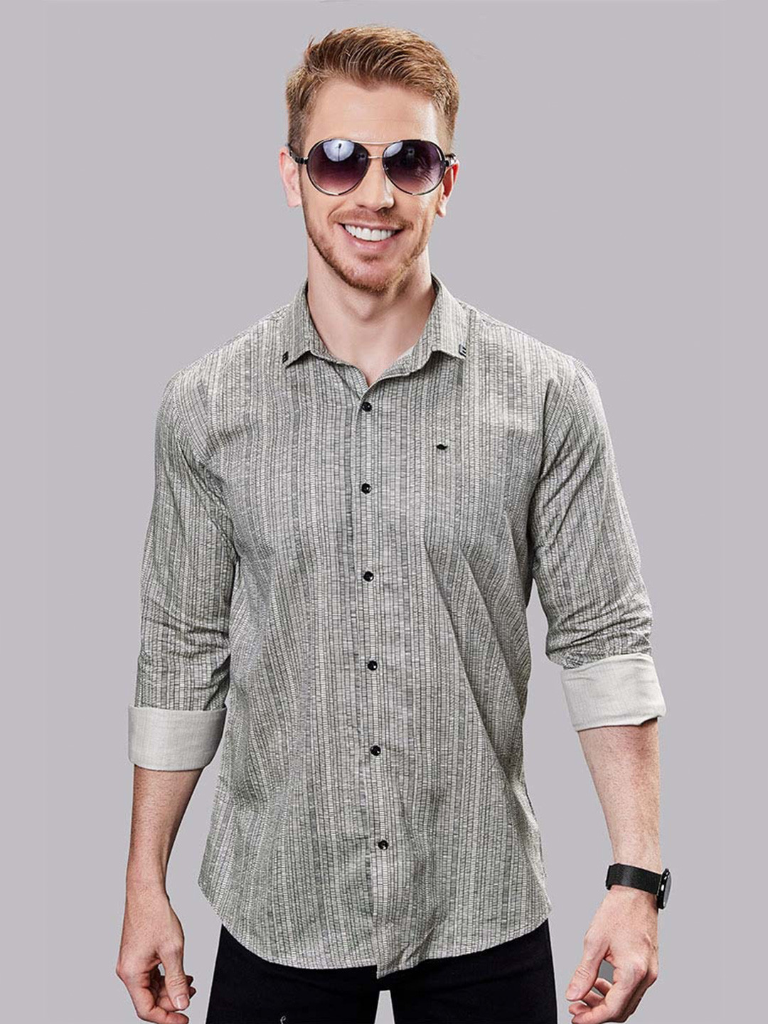 

ALMATY Men Comfort Slim Fit Opaque Striped Party Shirt, Grey