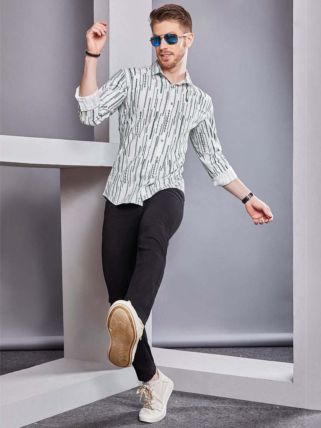 

ALMATY Men Comfort Slim Fit Opaque Striped Party Shirt, White