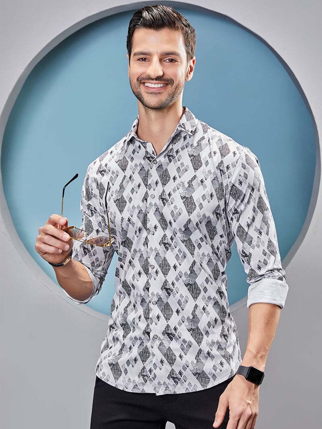 

ALMATY Men Comfort Slim Fit Floral Opaque Printed Party Shirt, White