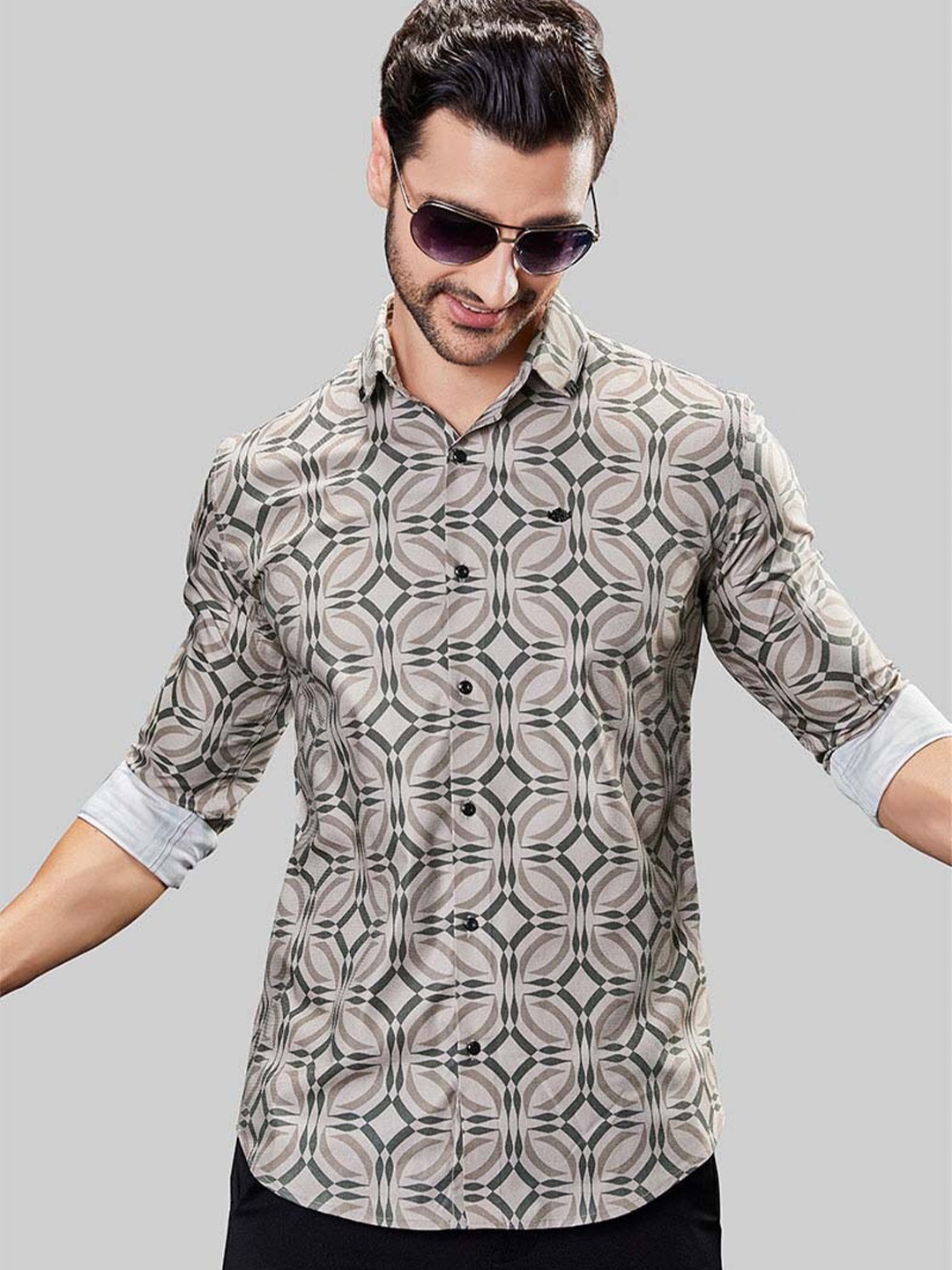 

ALMATY Men Comfort Slim Fit Opaque Printed Party Shirt, Cream