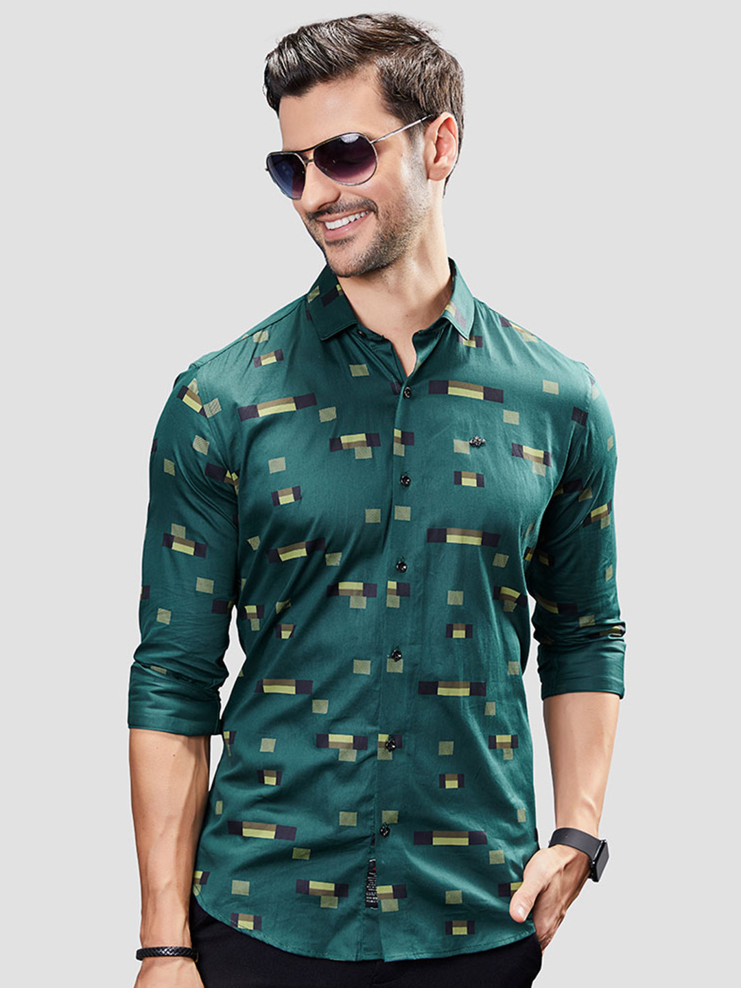 

ALMATY Men Comfort Slim Fit Opaque Printed Party Shirt, Green