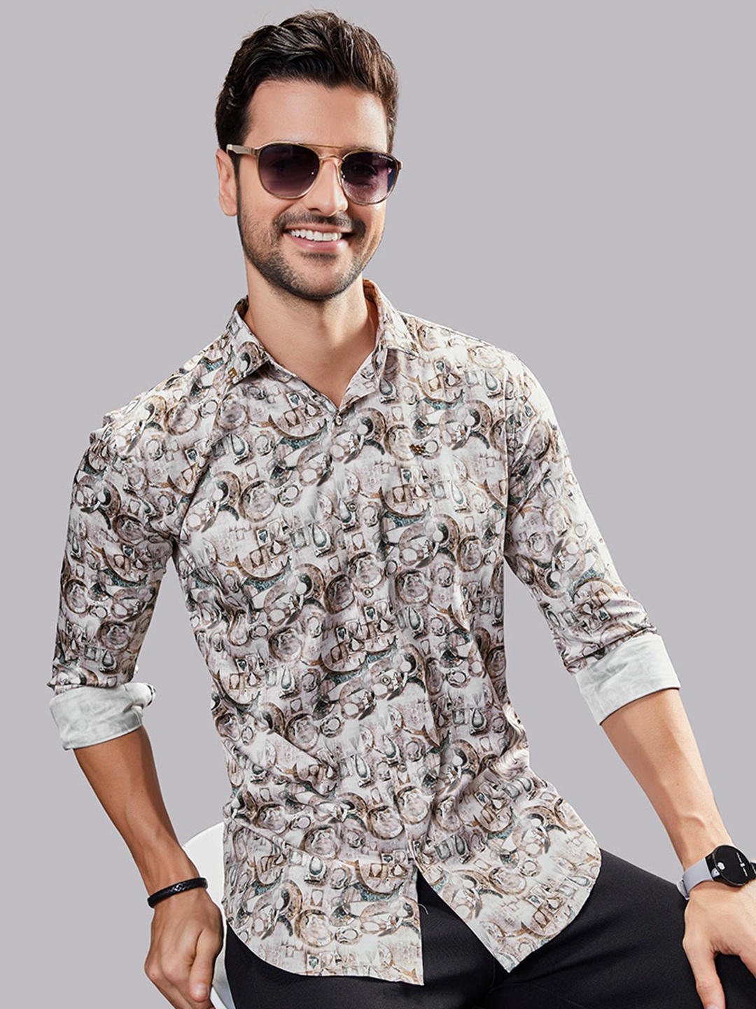 

ALMATY Men Comfort Slim Fit Floral Opaque Printed Party Shirt, Cream