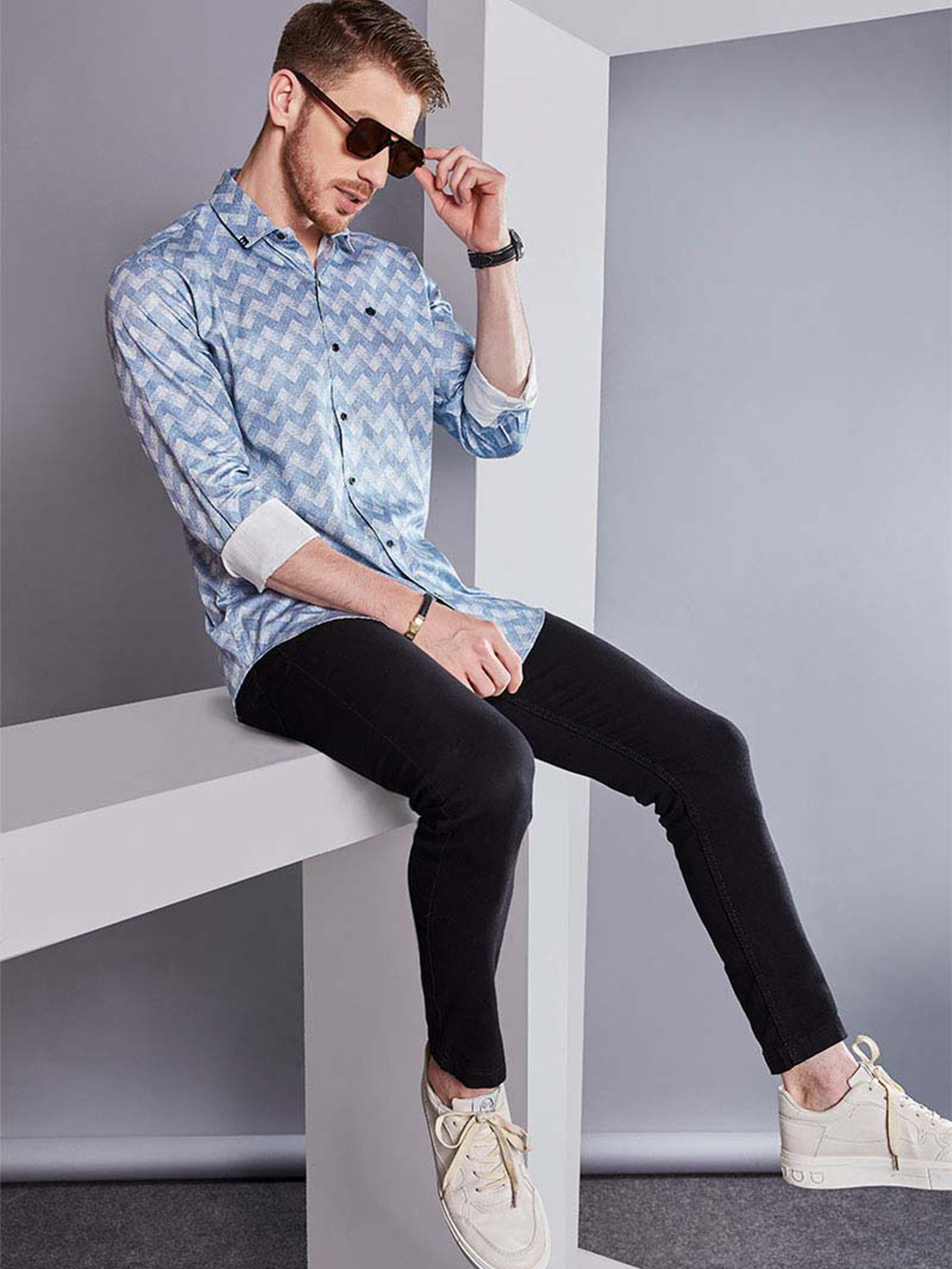 

ALMATY Men Comfort Slim Fit Opaque Printed Party Shirt, Blue