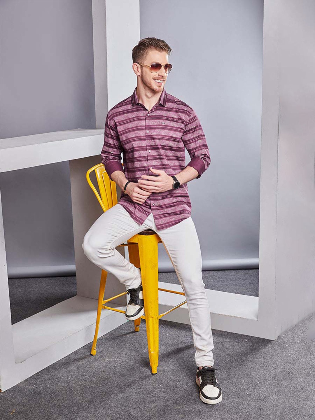 ALMATY Men Comfort Slim Fit Horizontal Stripes Opaque Striped Party Shirt, Pink