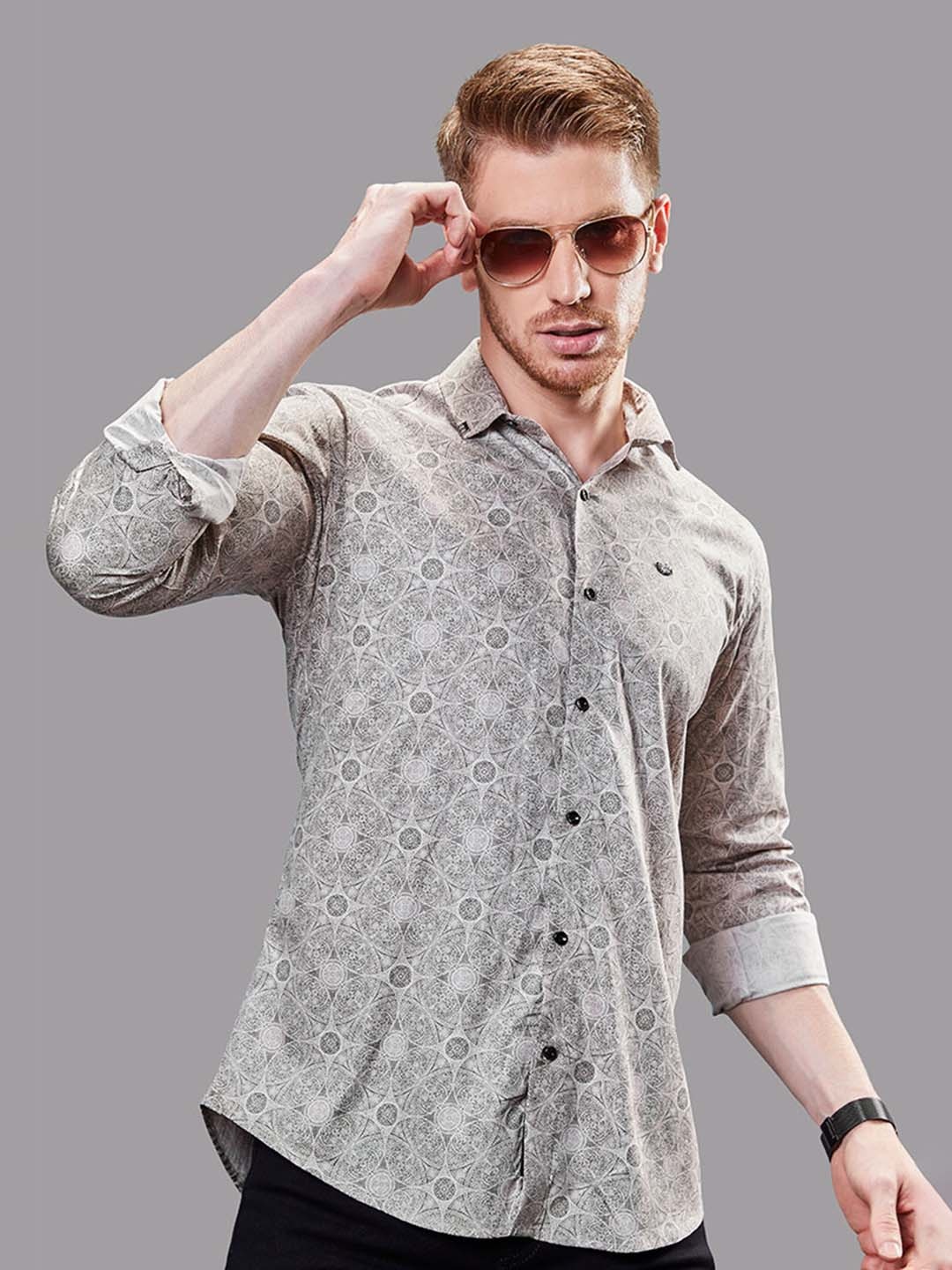 

ALMATY Men Comfort Slim Fit Opaque Printed Party Shirt, Grey