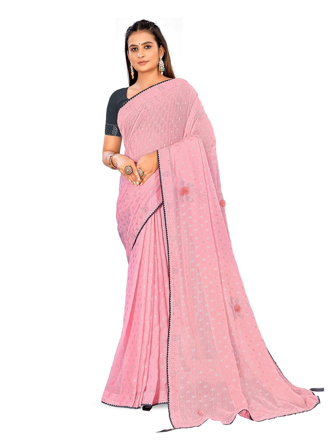 

RANGRASIYA Ethnic Motifs Beads and Stones Baluchari Saree, Pink