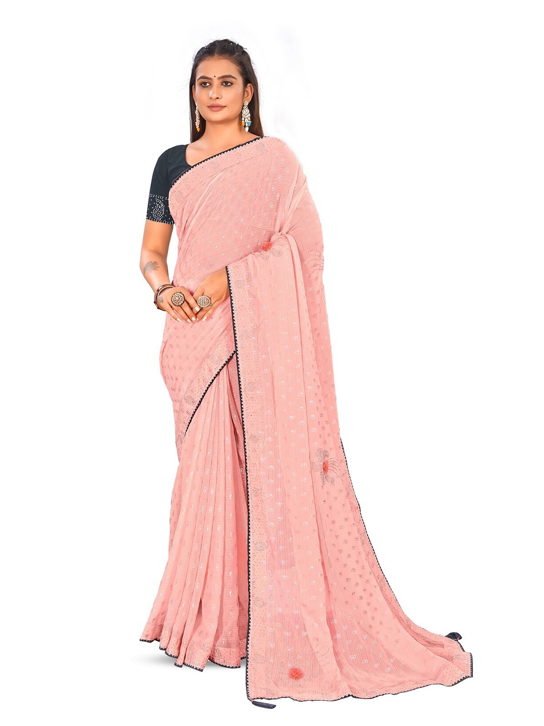 

RANGRASIYA Ethnic Motifs Woven Design Beads and Stones Baluchari Saree, Peach