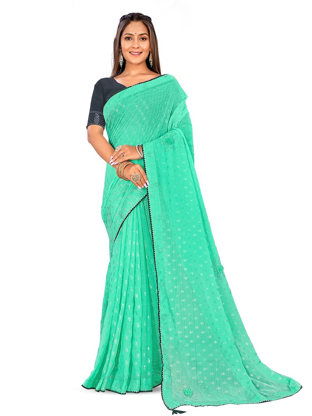 

RANGRASIYA Floral Printed Gotta Patti Baluchari Saree, Turquoise blue