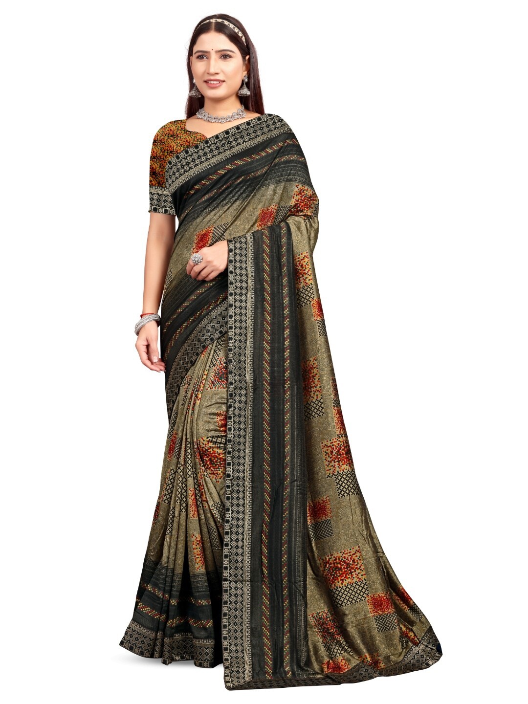 

RANGRASIYA Floral Printed Zari Bhagalpuri Saree, Black