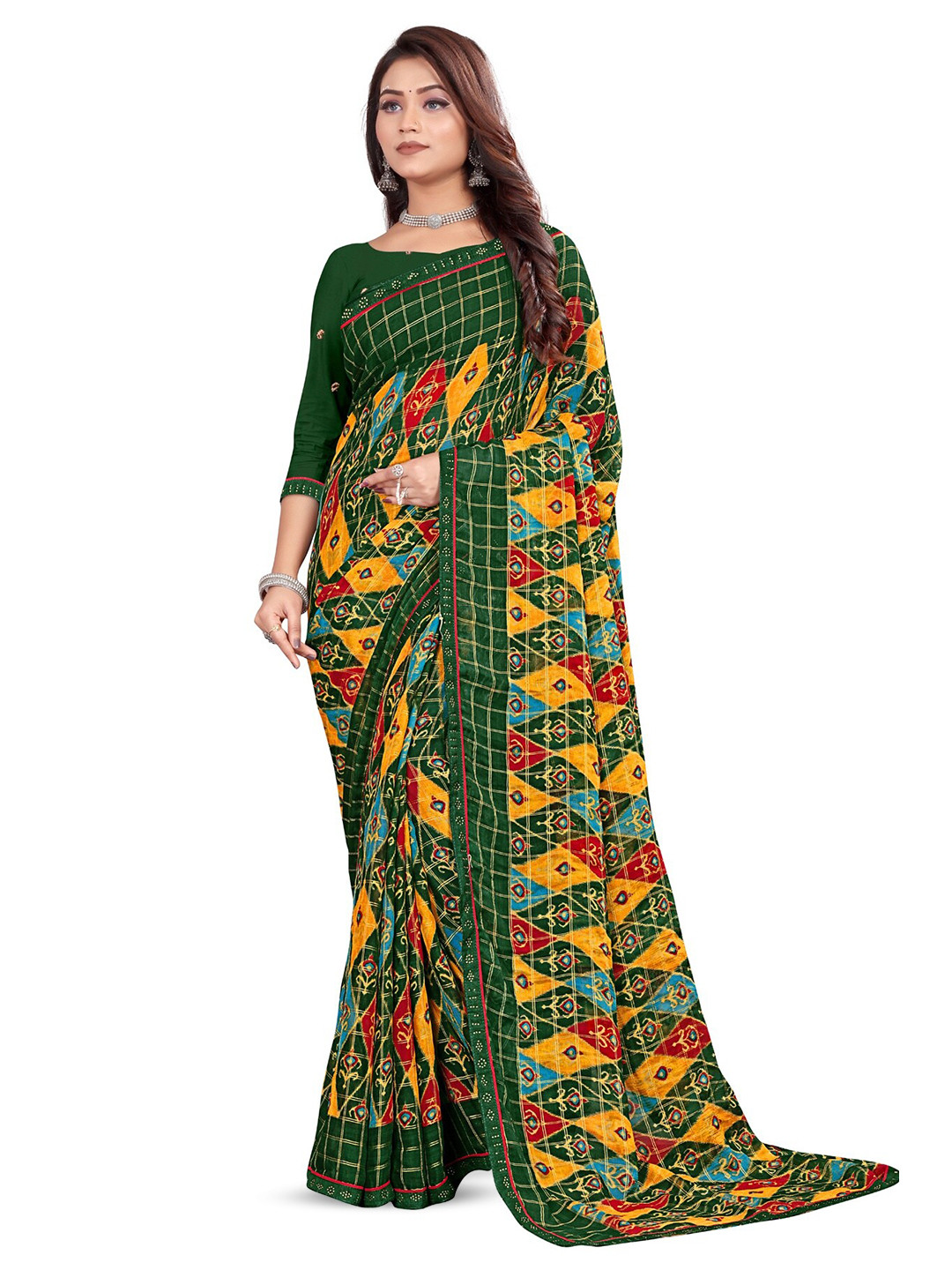 

RANGRASIYA Geometric Printed Beads and Stones Banarasi Saree, Green