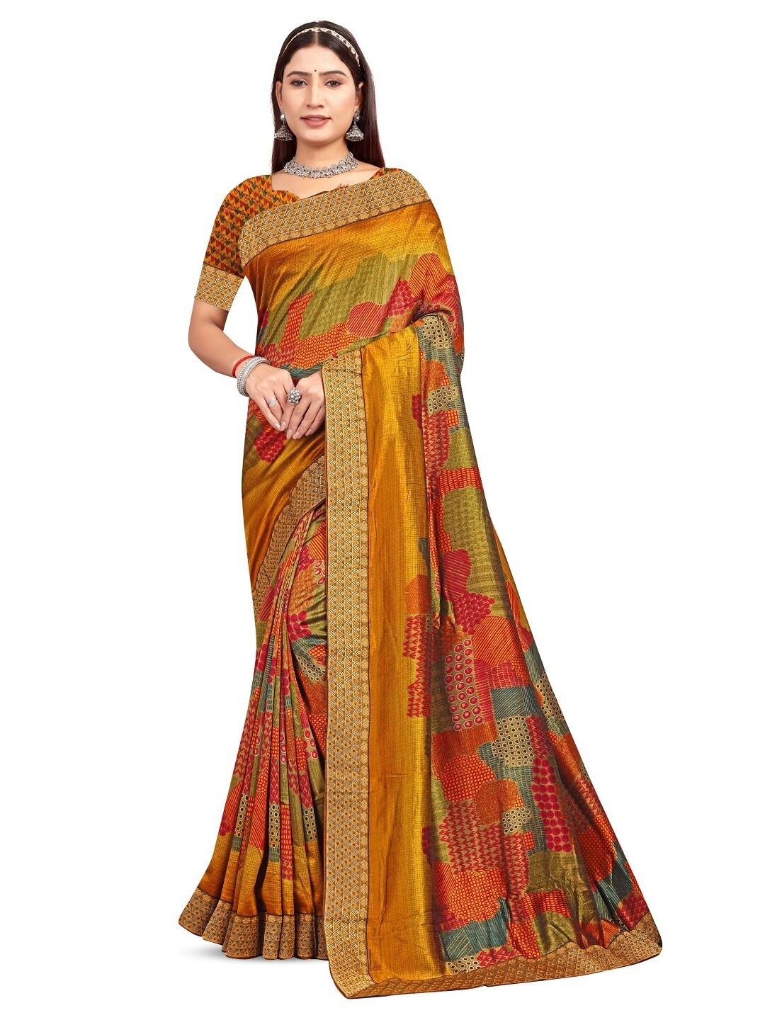 

RANGRASIYA Abstract Printed Zari Bhagalpuri Saree, Mustard