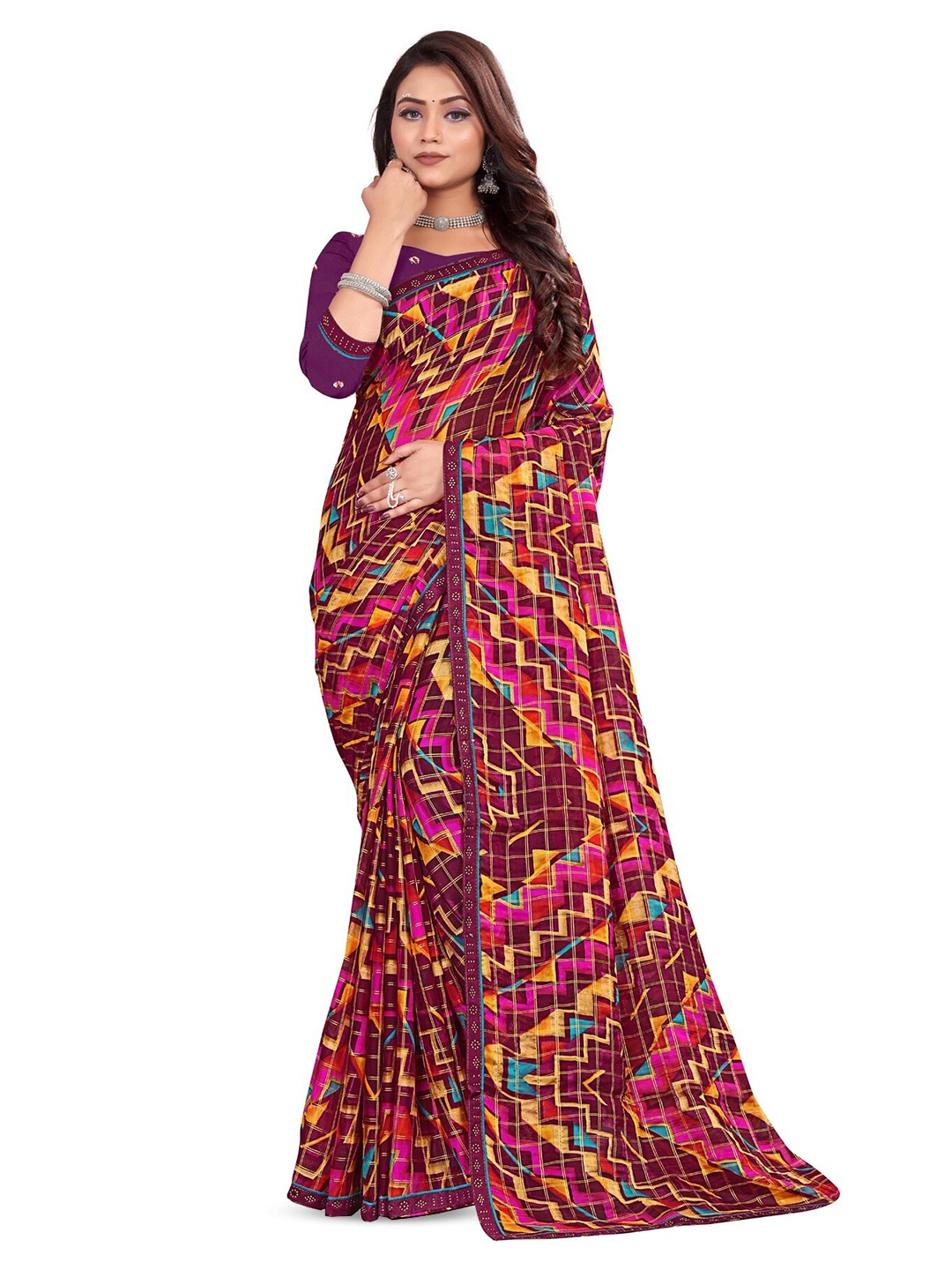 

RANGRASIYA Geometric Printed Beads and Stones Banarasi Saree, Coffee brown