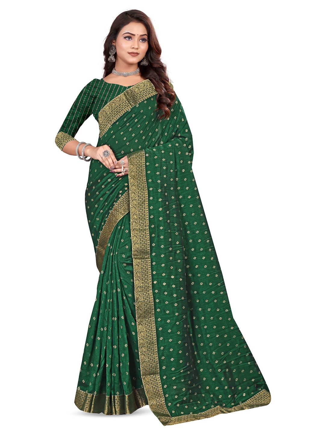 

RANGRASIYA Floral Woven Design Zari Kanjeevaram Saree, Green