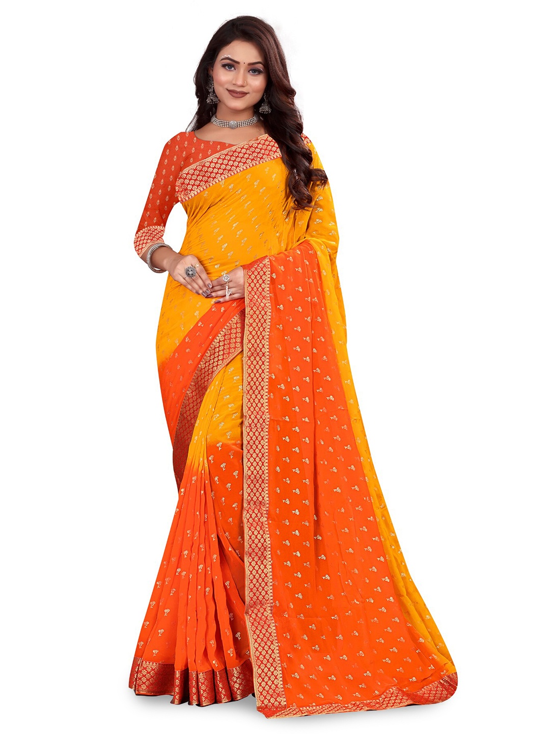 

RANGRASIYA Ethnic Motifs Woven Design Zari Leheriya Saree, Yellow