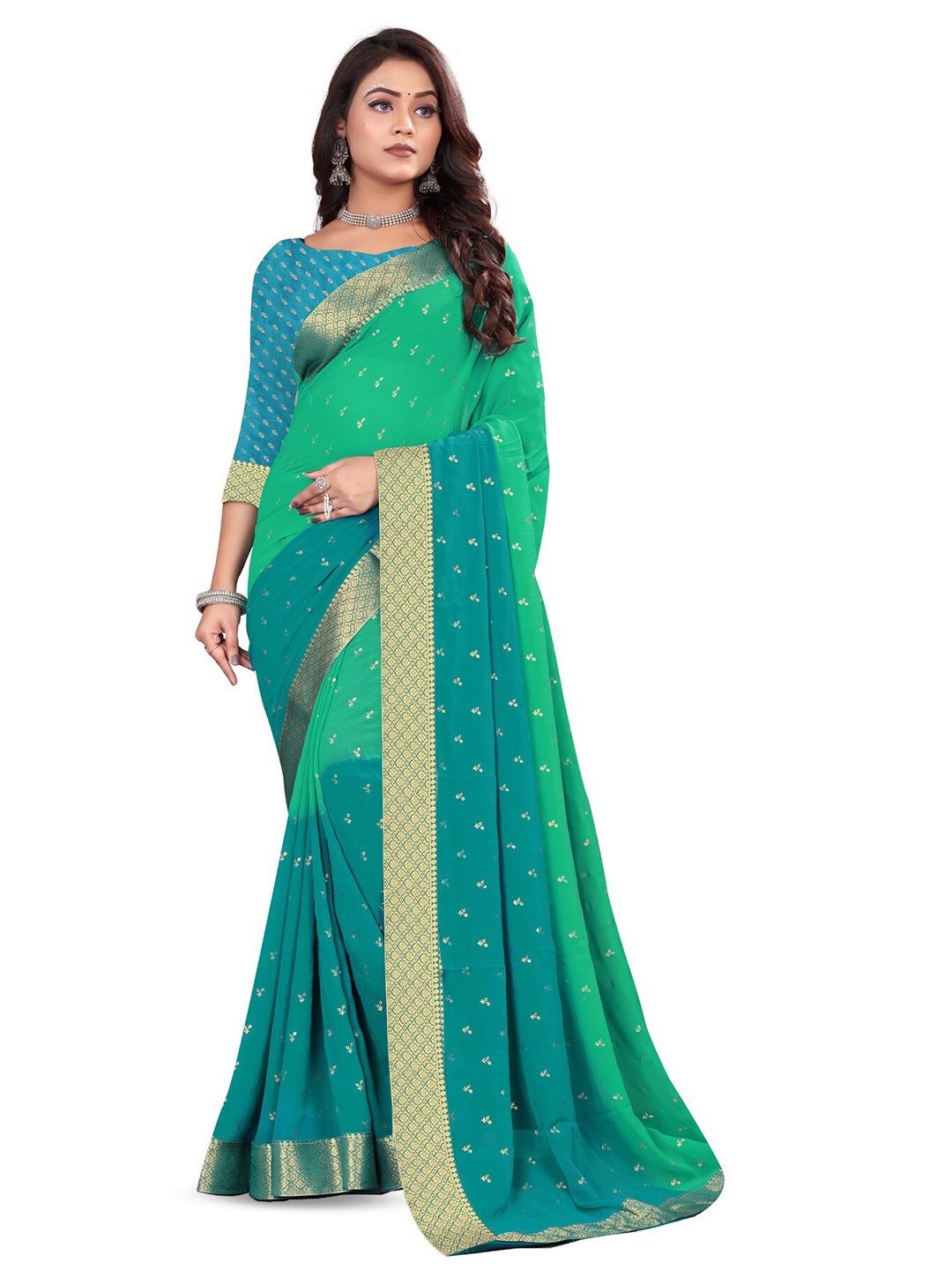 

RANGRASIYA Ethnic Motifs Woven Design Zari Leheriya Saree, Sea green