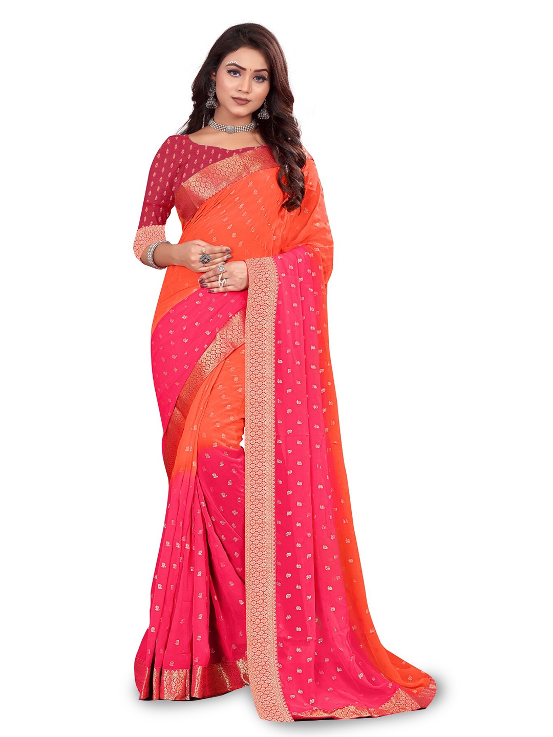 

RANGRASIYA Ethnic Motifs Woven Design Zari Leheriya Saree, Pink