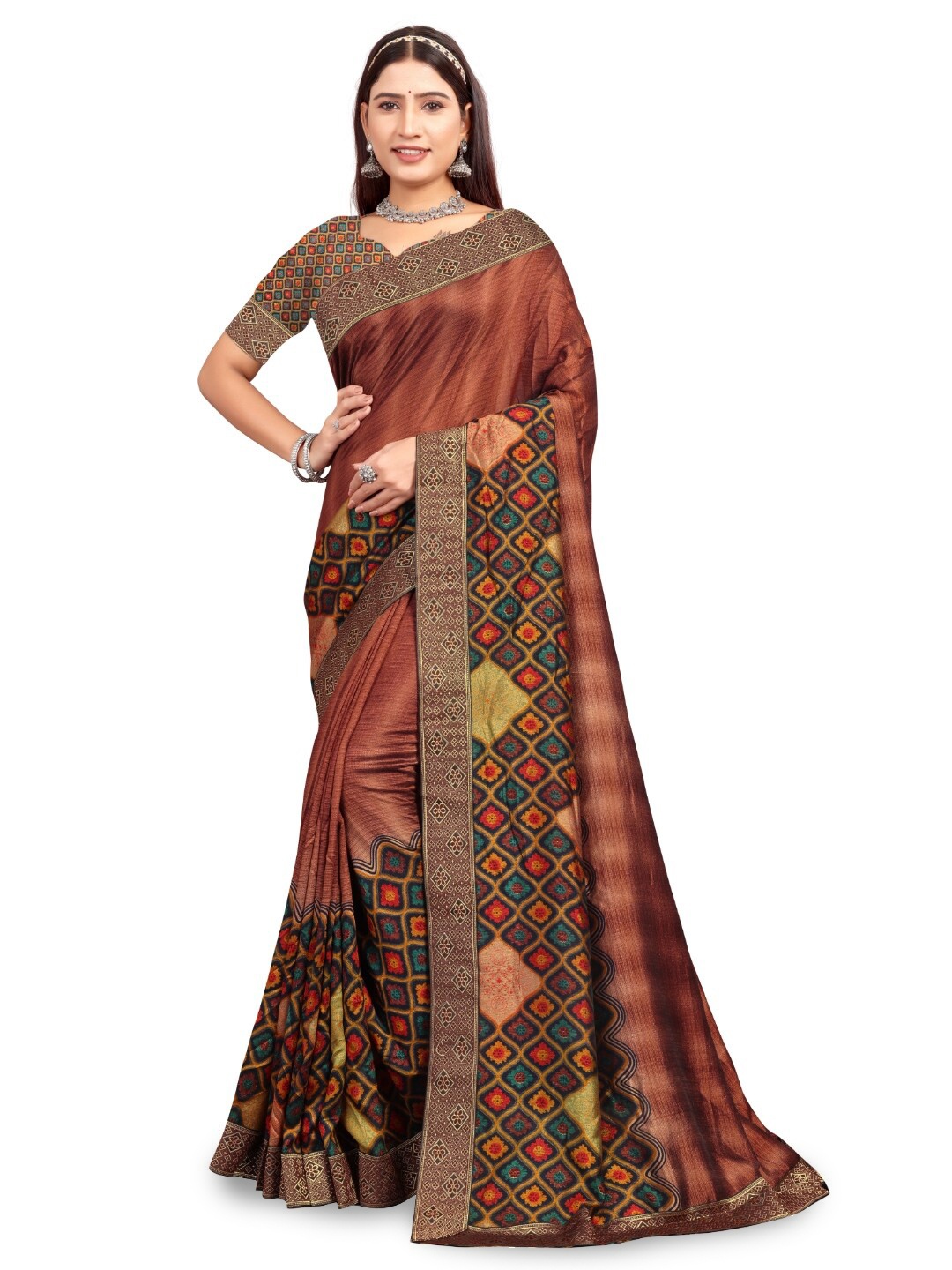 

RANGRASIYA Geometric Printed Zari Bhagalpuri Saree, Coffee brown