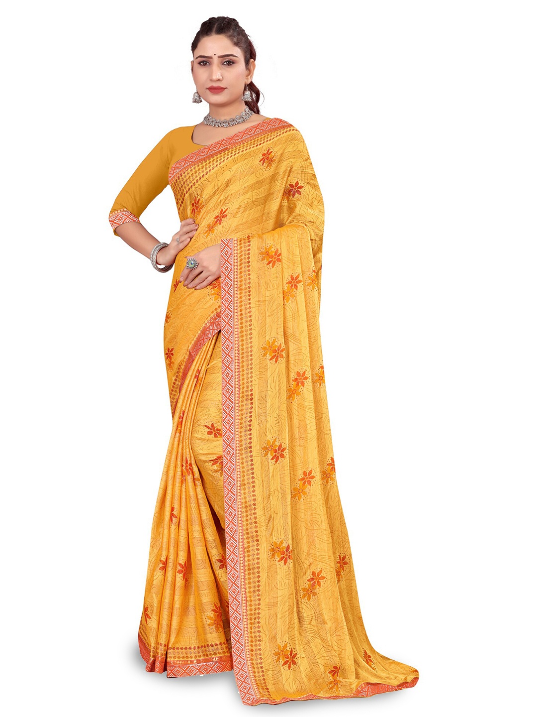 

RANGRASIYA Floral Printed Zari Banarasi Saree, Yellow
