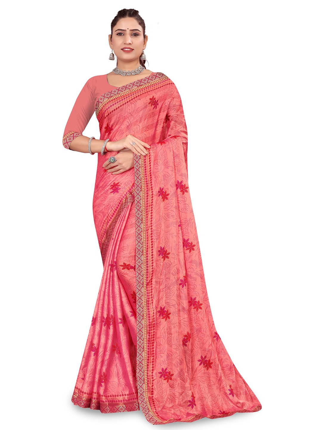 

RANGRASIYA Floral Printed Beads and Stones Banarasi Saree, Pink