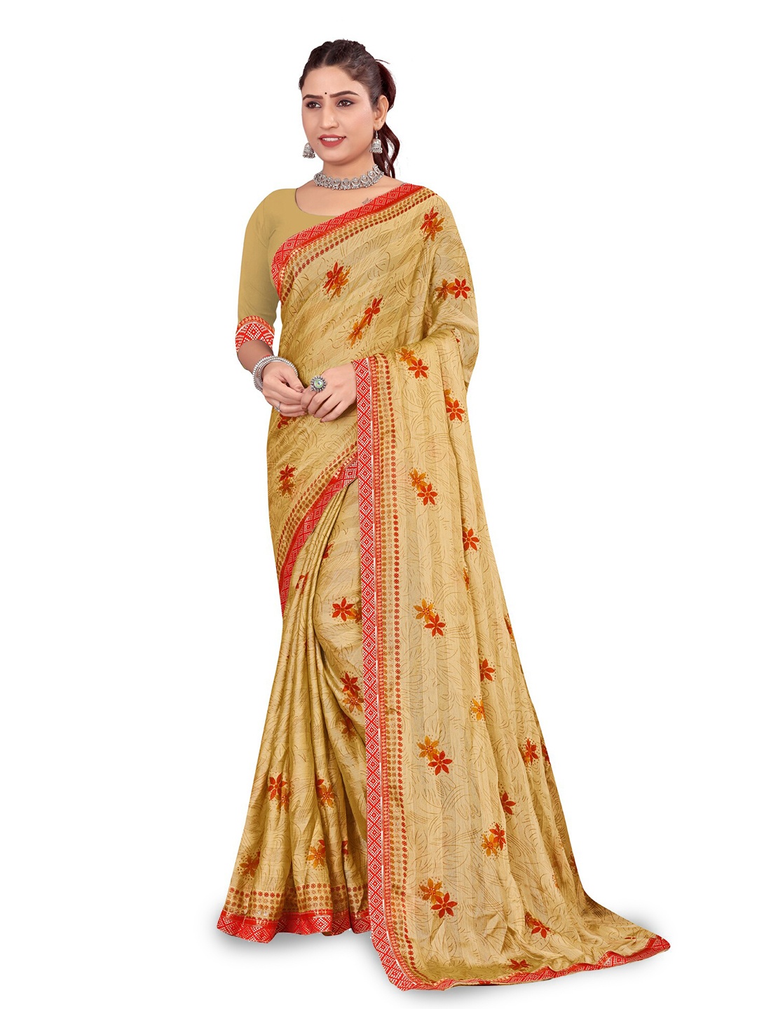 

RANGRASIYA Floral Printed Beads and Stones Banarasi Saree, Beige