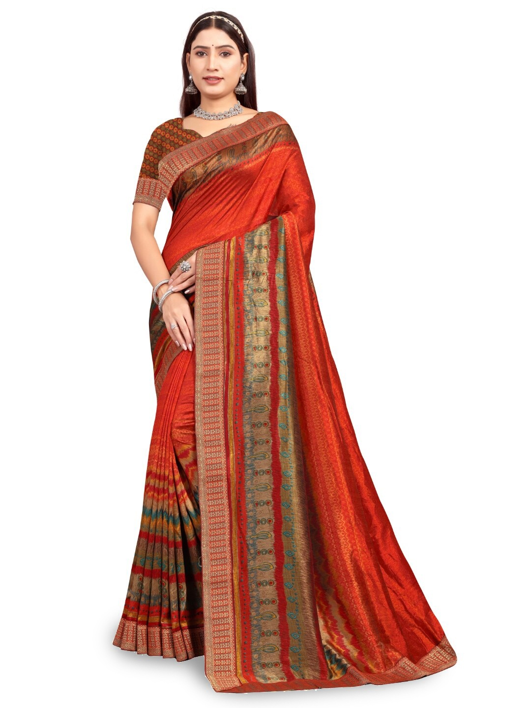 

RANGRASIYA Floral Printed Zari Bhagalpuri Saree, Red
