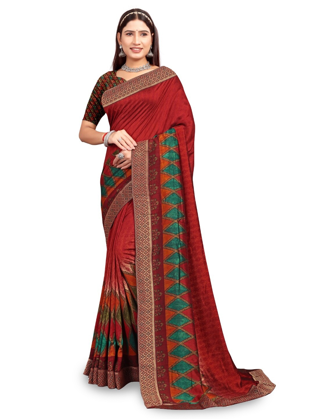 

RANGRASIYA Floral Printed Zari Bhagalpuri Saree, Brown