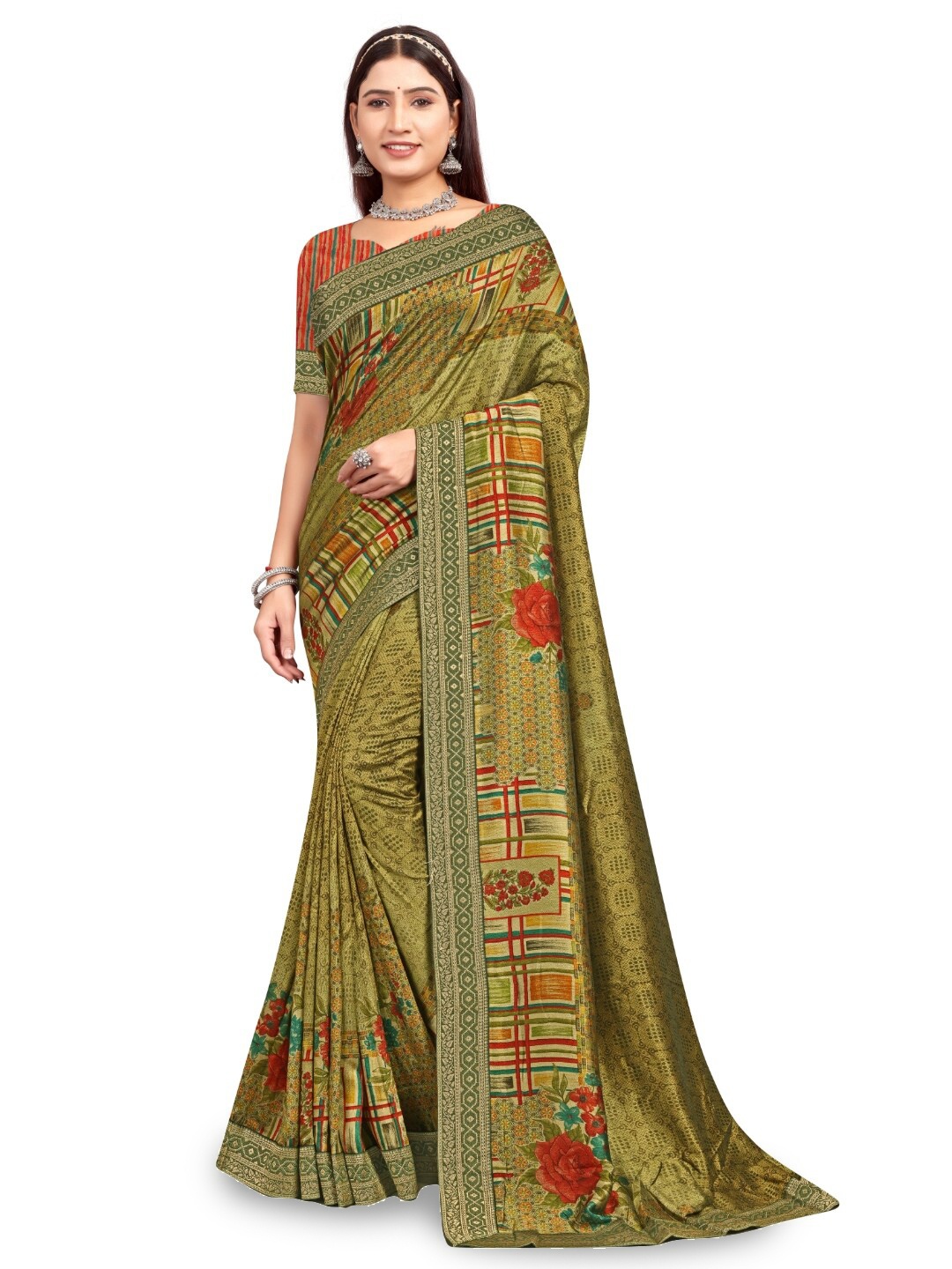 

RANGRASIYA Abstract Printed Zari Bhagalpuri Saree, Green