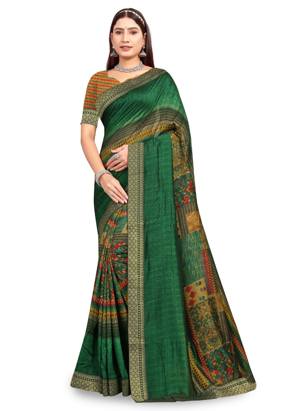 

RANGRASIYA Floral Printed Zari Bhagalpuri Saree, Green