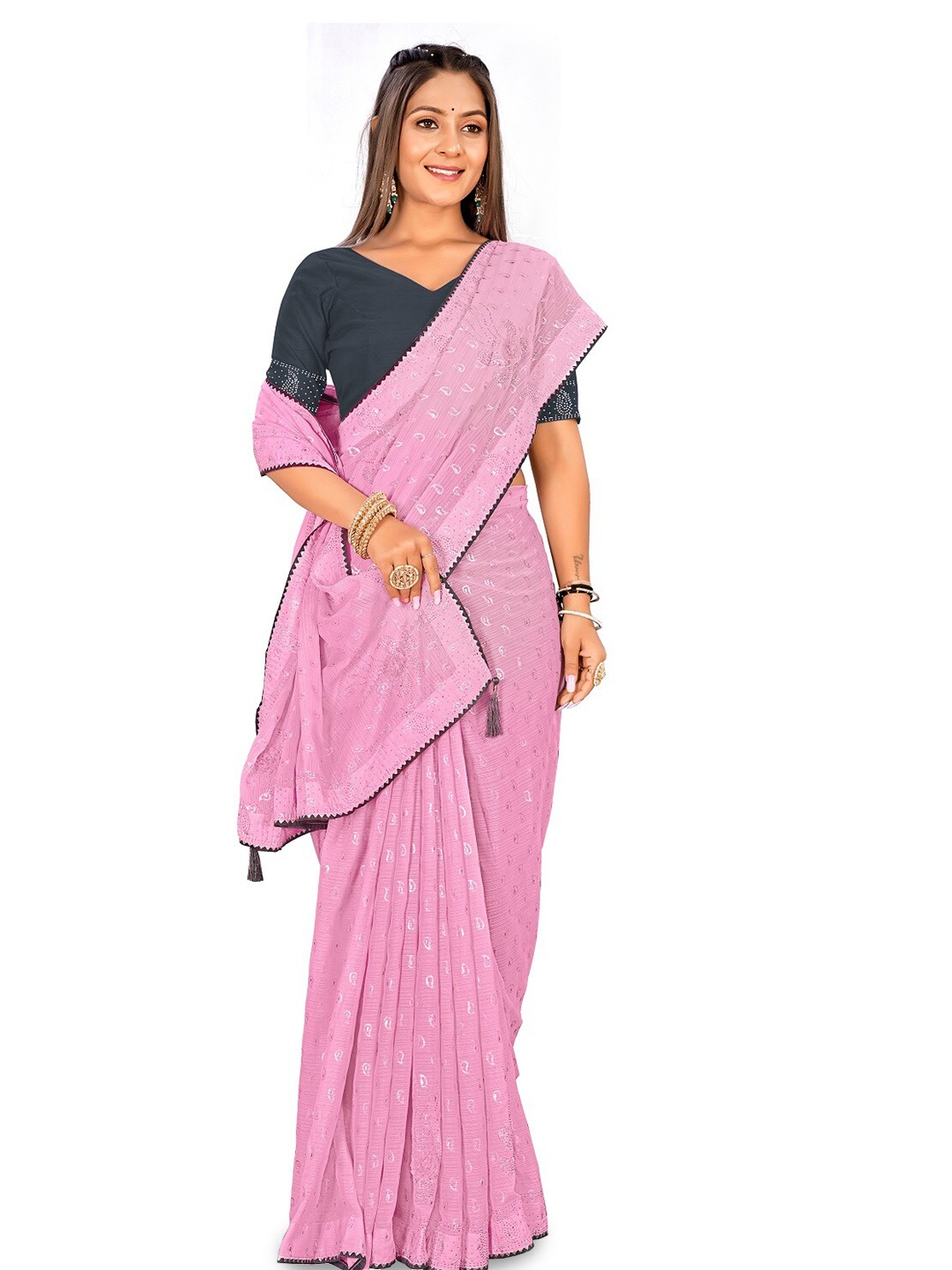 

RANGRASIYA Ethnic Motifs Woven Design Beads and Stones Baluchari Saree, Pink