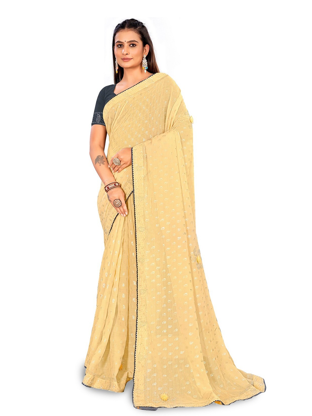 

RANGRASIYA Paisley Printed Gotta Patti Baluchari Saree, Cream