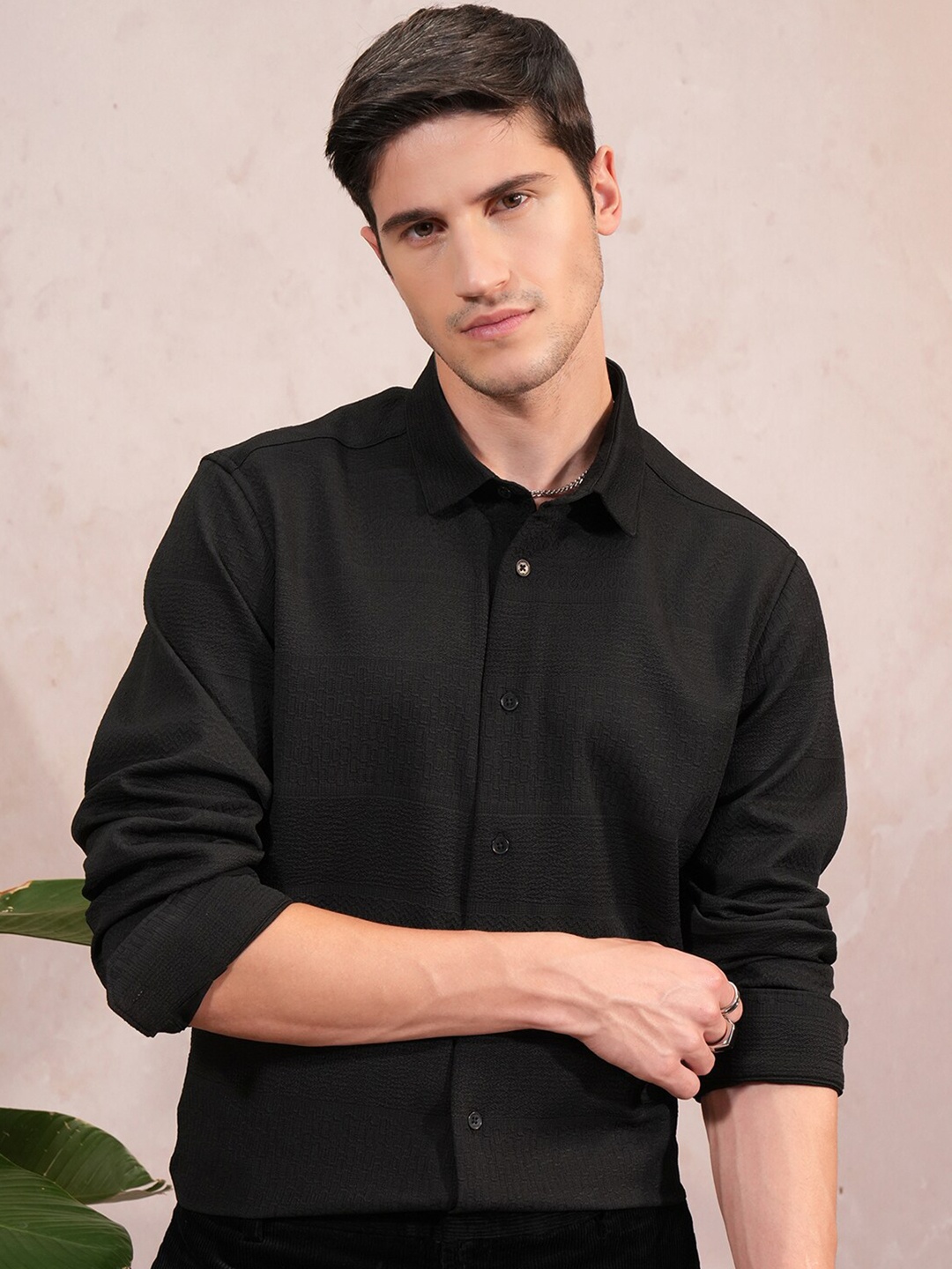 

LOCOMOTIVE Luxe Men Popcorn Textured Party Evening Shirt, Black