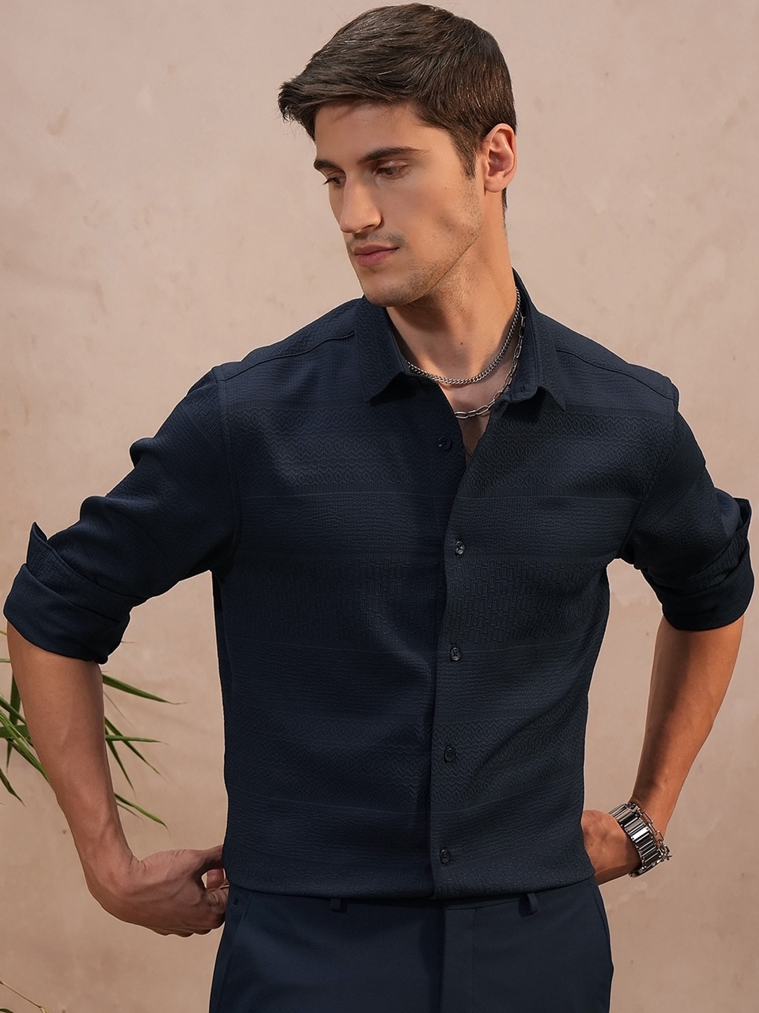 

Locomotive Luxe Men Popcorn Textured Party Evening Shirt, Navy blue