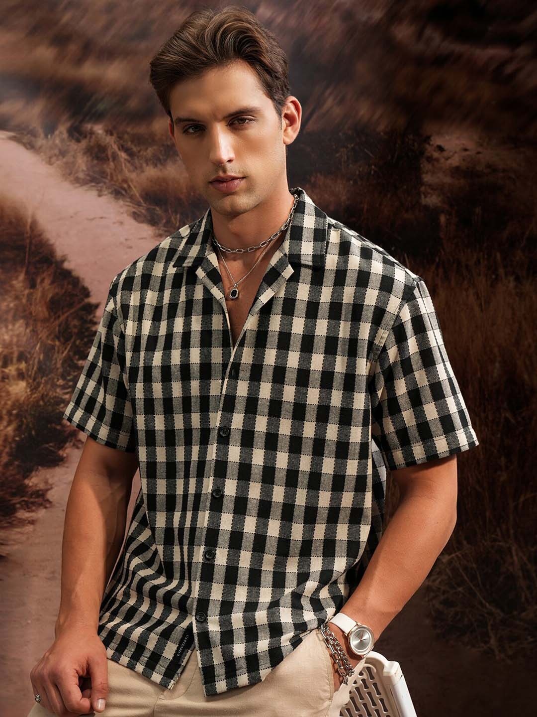 

LOCOMOTIVE Premium Men Checked Cuban Collar Oversized Shirt, Beige