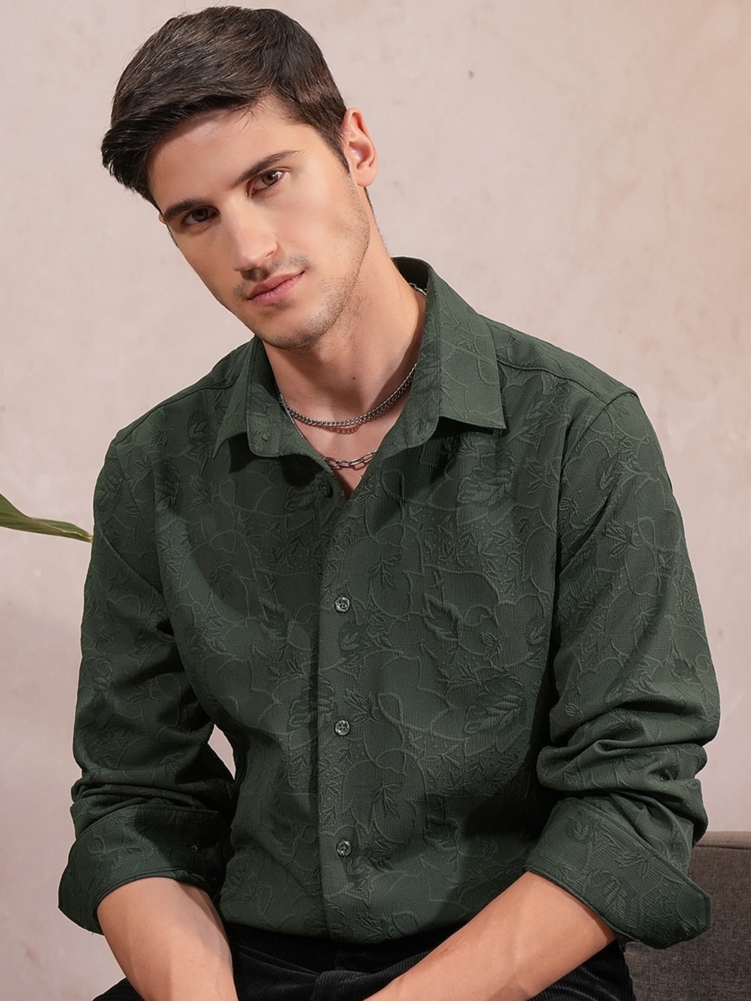 

LOCOMOTIVE Luxe Men Popcorn Textured Party Evening Shirt, Green