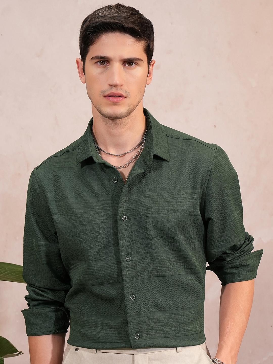 

Locomotive Luxe Popcorn Textured Evening Casual Shirt, Green