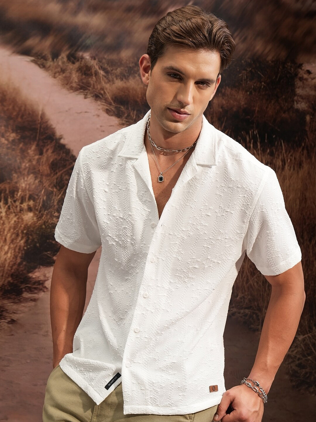

LOCOMOTIVE Premium Popcorn Textured Cuban Collar Relaxed Shirt, White