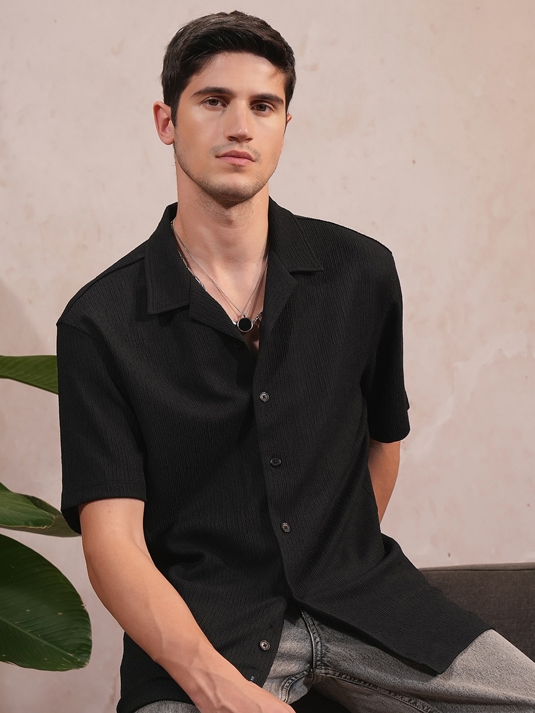 

LOCOMOTIVE Premium Men Knitted Textured Cuban Collar Relaxed Fit Shirt, Black