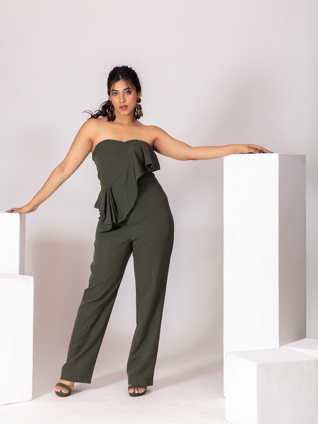 

BAESD Strapless Sleeveless Ruffled Basic Jumpsuit, Green