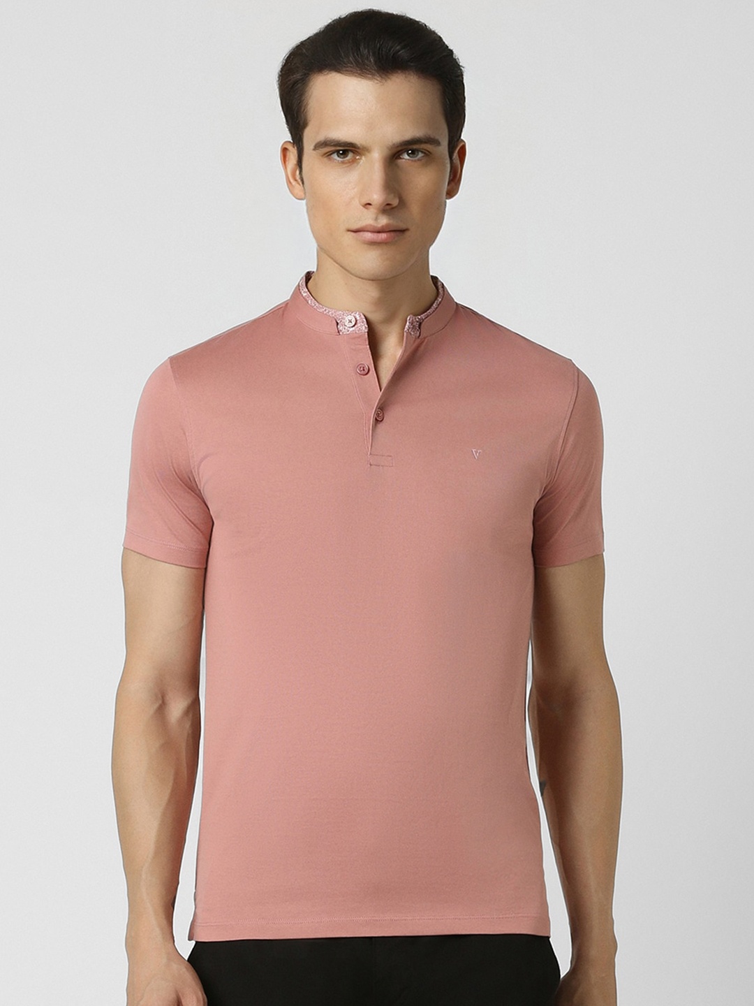 

V Dot Men Mandarin Collar Pockets Slim Fit T-shirt, Pink