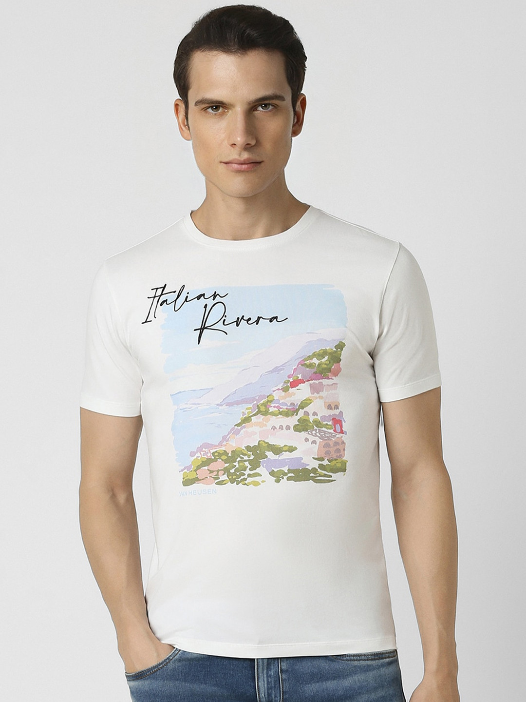 

V Dot Men Printed Applique Slim Fit T-shirt, White