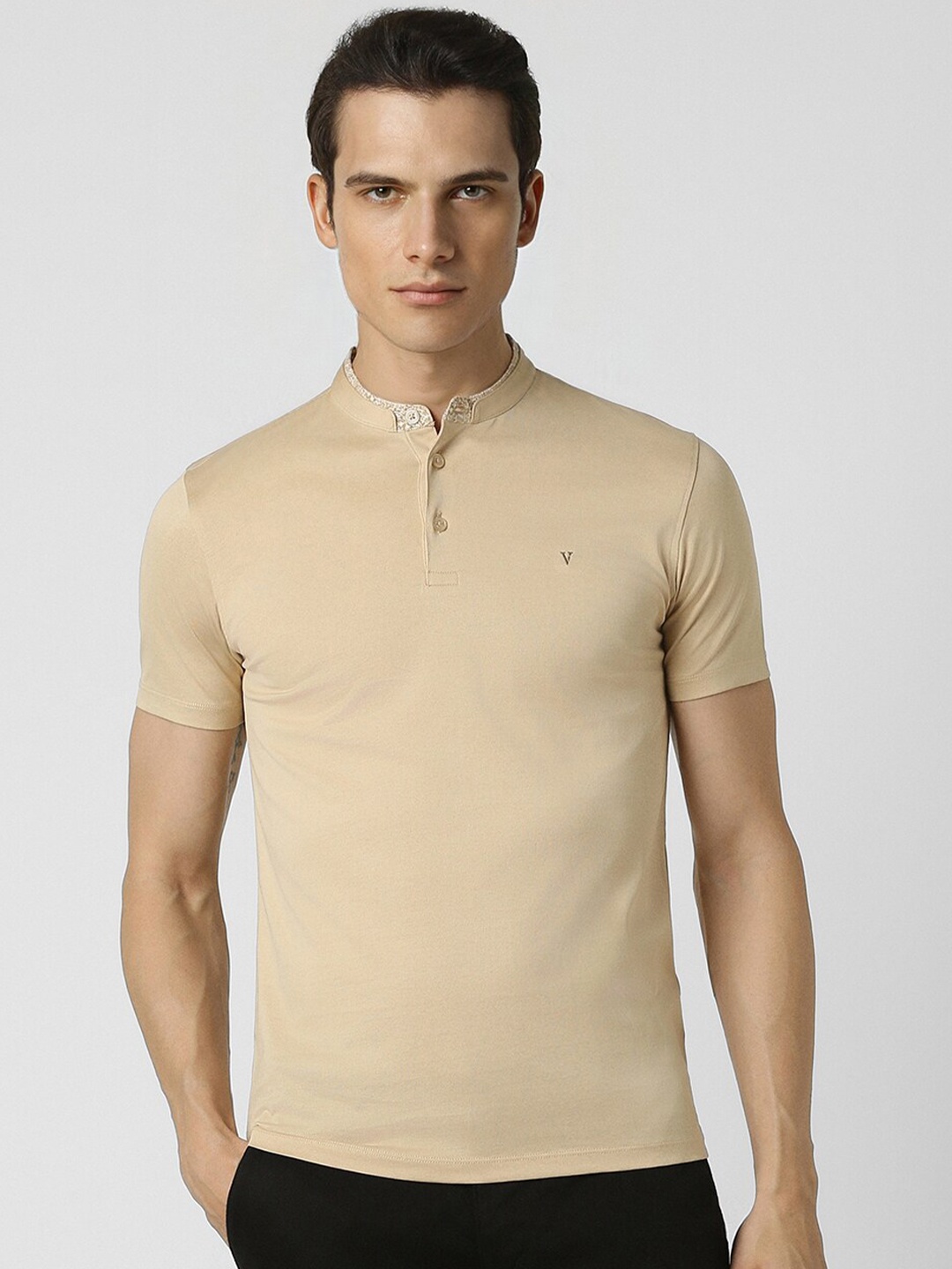 

V Dot Men Mandarin Collar Slim Fit T-shirt, Khaki