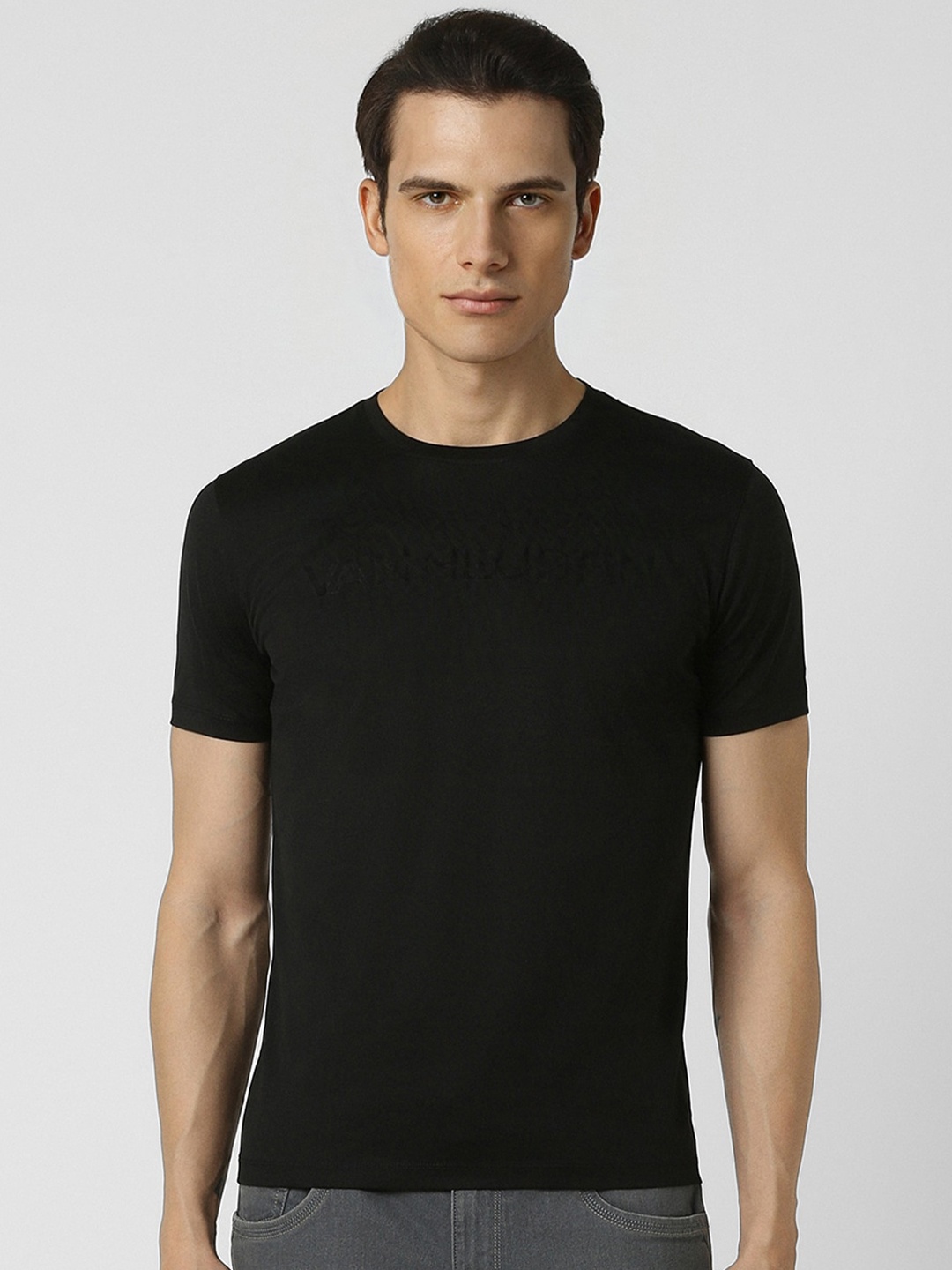 

V Dot Men Applique Slim Fit T-shirt, Black