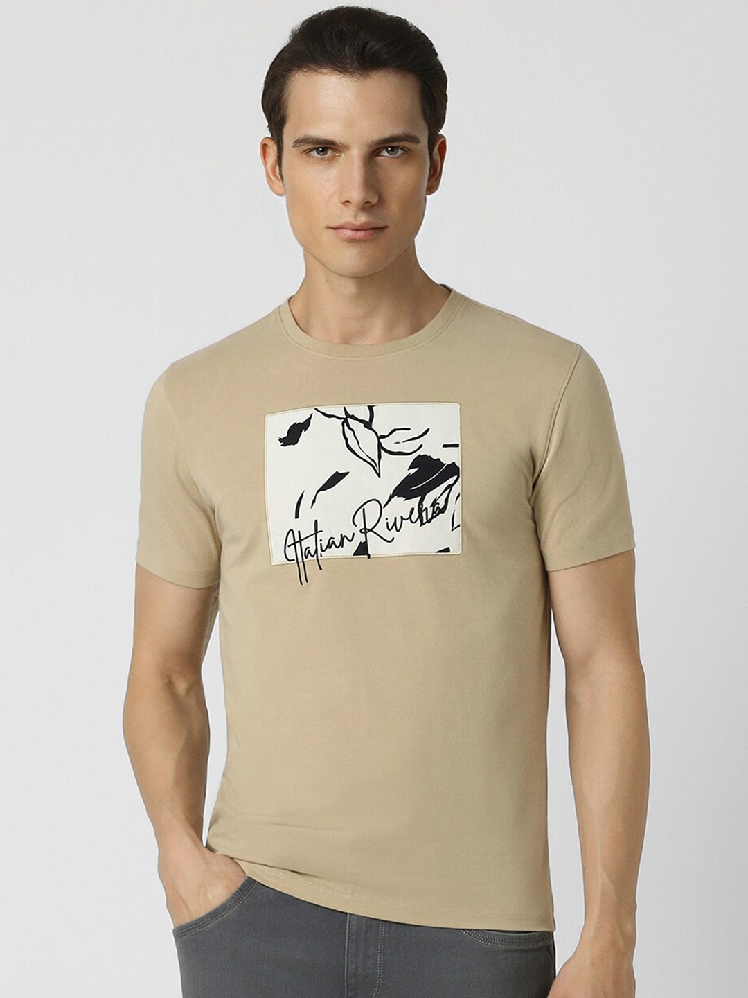 

V Dot Men Typography Printed Applique Slim Fit T-shirt, Khaki